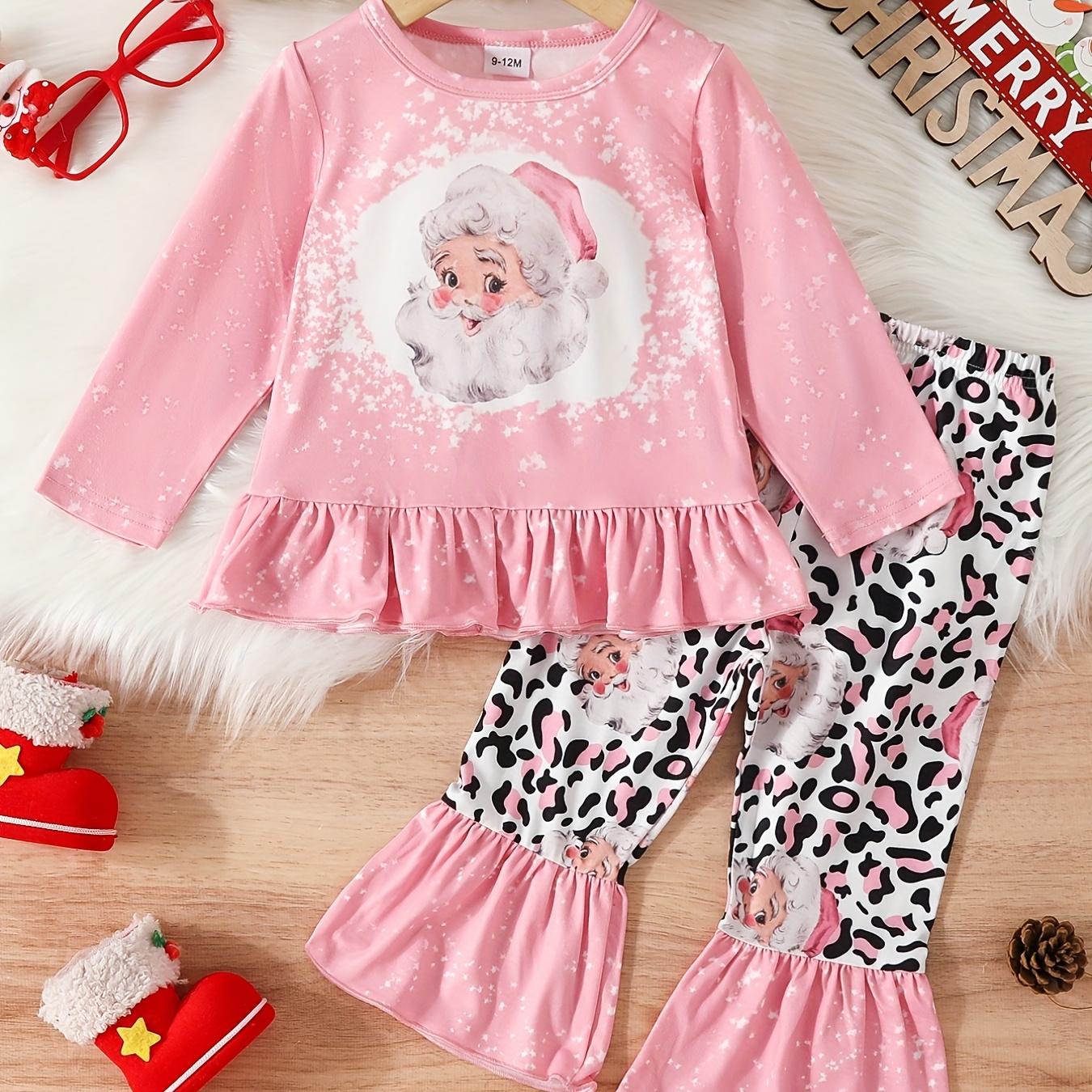 

Toddler Baby Girls Santa Claus Print Cute Outfits - Ruffled Hem Long Sleeve Top Flared Pants Set, Kid's Party Casual Clothes