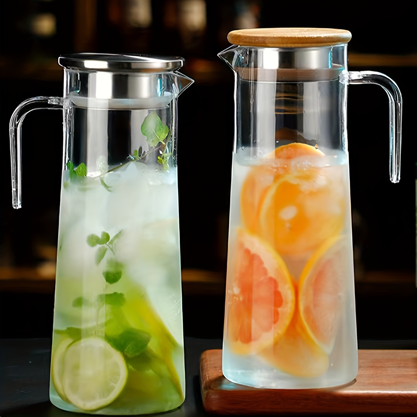 

1pc, Water Pitcher With Lid, 37.1oz/54.1oz Heavy Duty Drink Picher, With Stainless Steel Lid Or Wooden Lid, For Juice, Bubble Tea, Summer Drinkware, Kitchen Stuff, Home Kitchen Items, Birthday Gifts