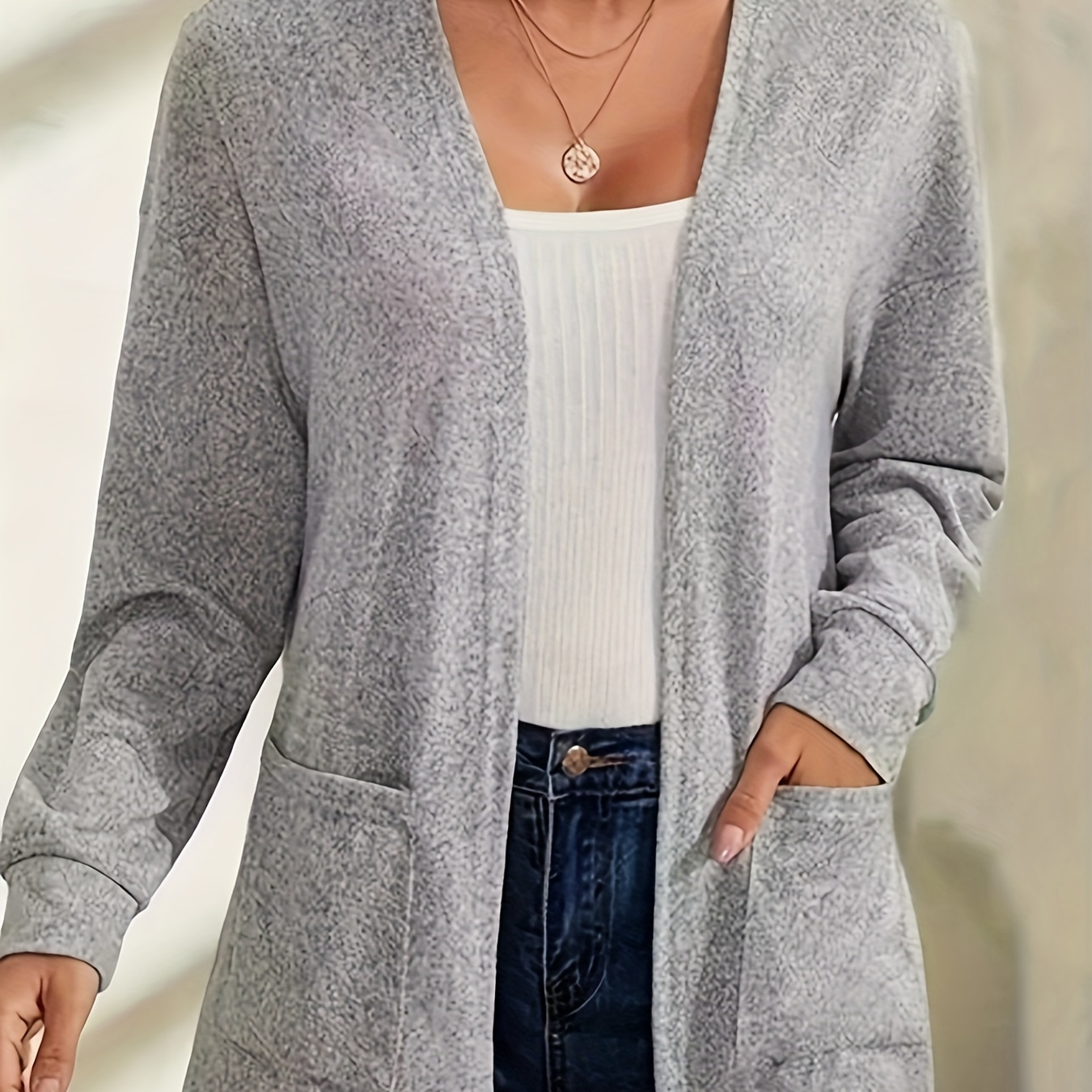 TEMU Elegant Open Front Solid Cardigan, Long Sleeve Dual Pockets Cardigan For Spring & Fall, Women's Clothing