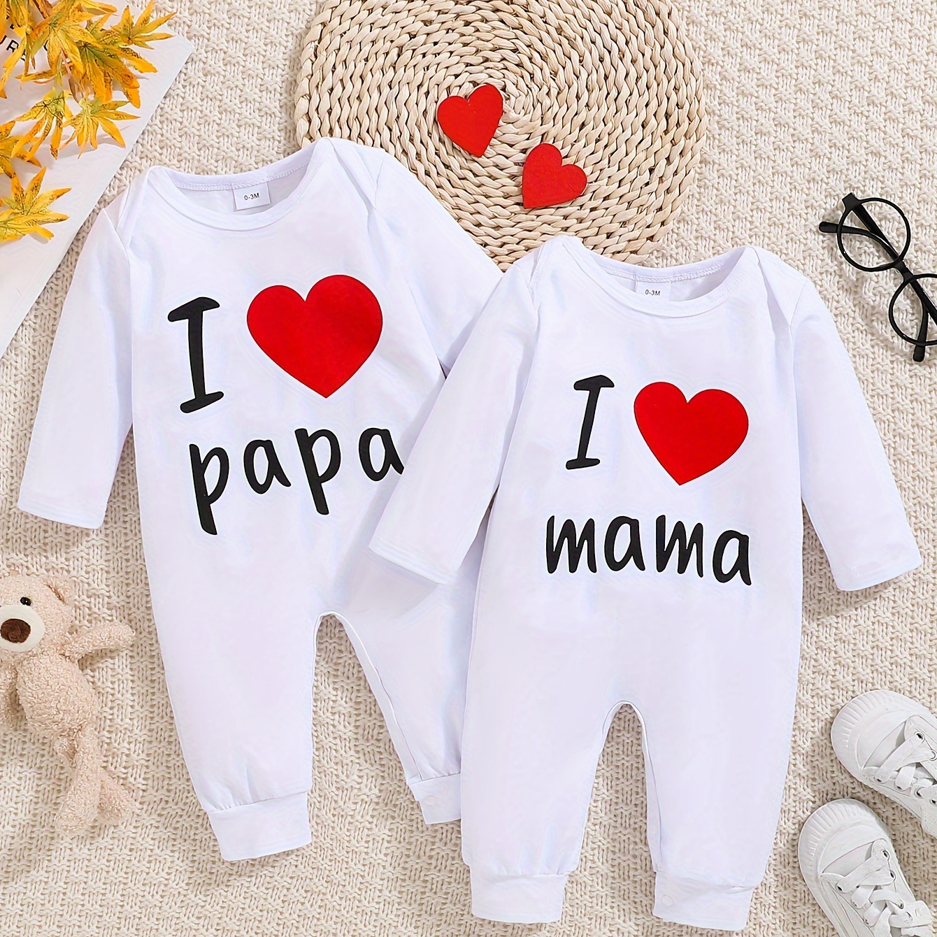 

2pcs Baby's I Love Papa & I Love Mama Print Casual Cotton Long Sleeve Romper, Toddler & Infant Boy's Bodysuit