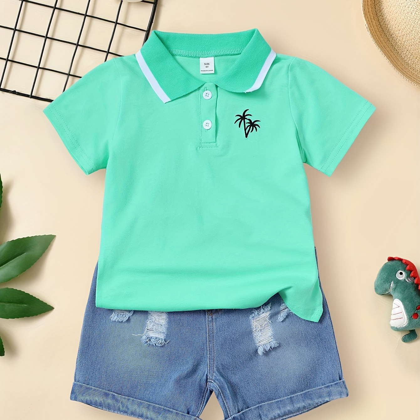 

Boy's Palm Tree Pattern Cute Lapel Shirt, Casual Short Sleeve Breathable Comfy Versatile Top Shirt For Summer Holiday