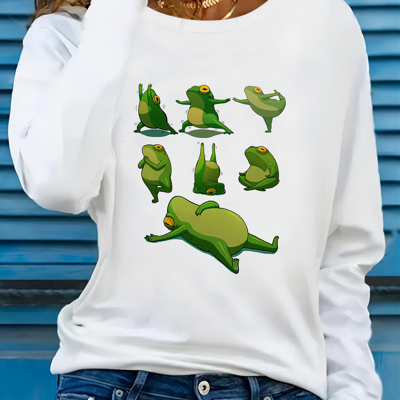 

1pc Women's Long Sleeve Frog Yoga Cartoon Print T-shirt, Crew Neck Knit Polyester 95% Spandex 5% Casual Top For Wear