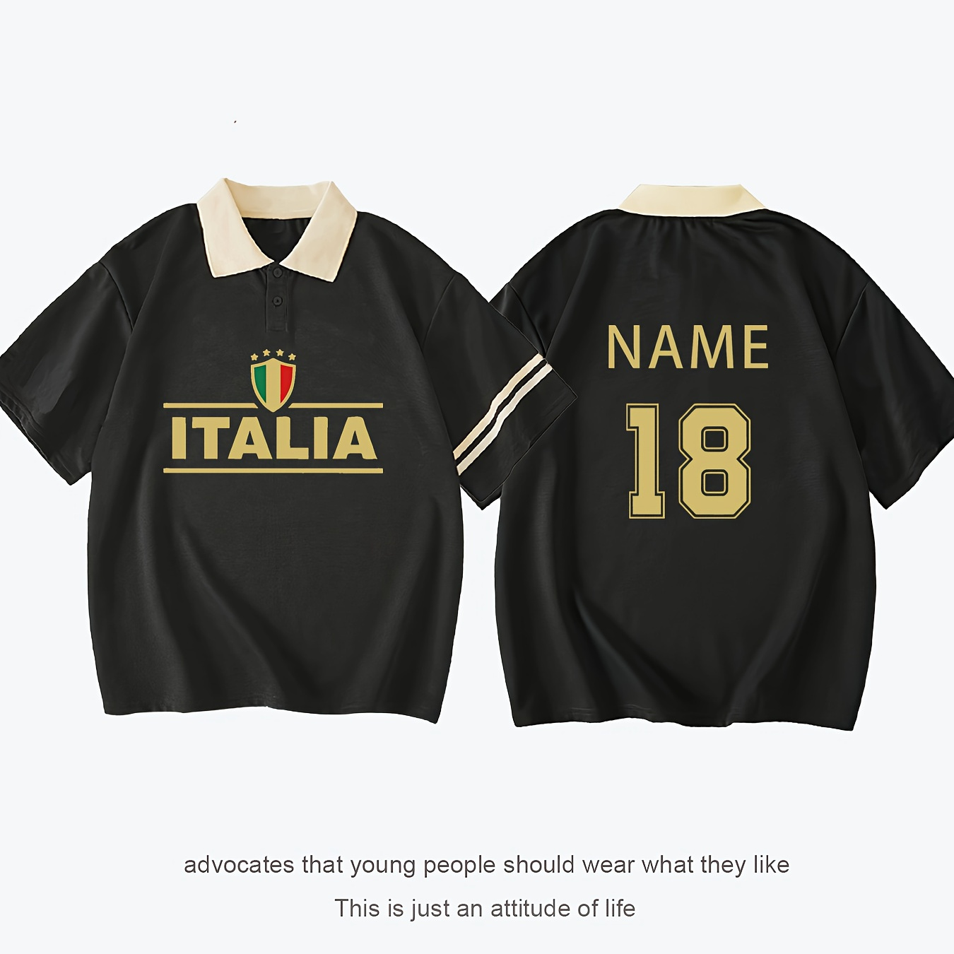 

Italia No.18 Print Fashion Sports Loose Polo Shirt, Short Sleeve Summer Top With Contrast Collar, Versatile Top For Ladies