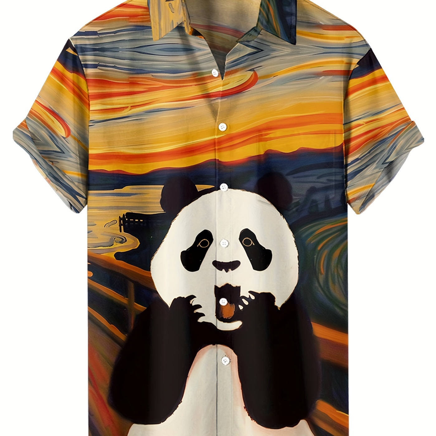 

Summer Hawaiian Beach Colorful Shirt Cartoon Panda Pattem Man Casual Lapel Pockets Short Sleeve Button Loose Casual Shirt