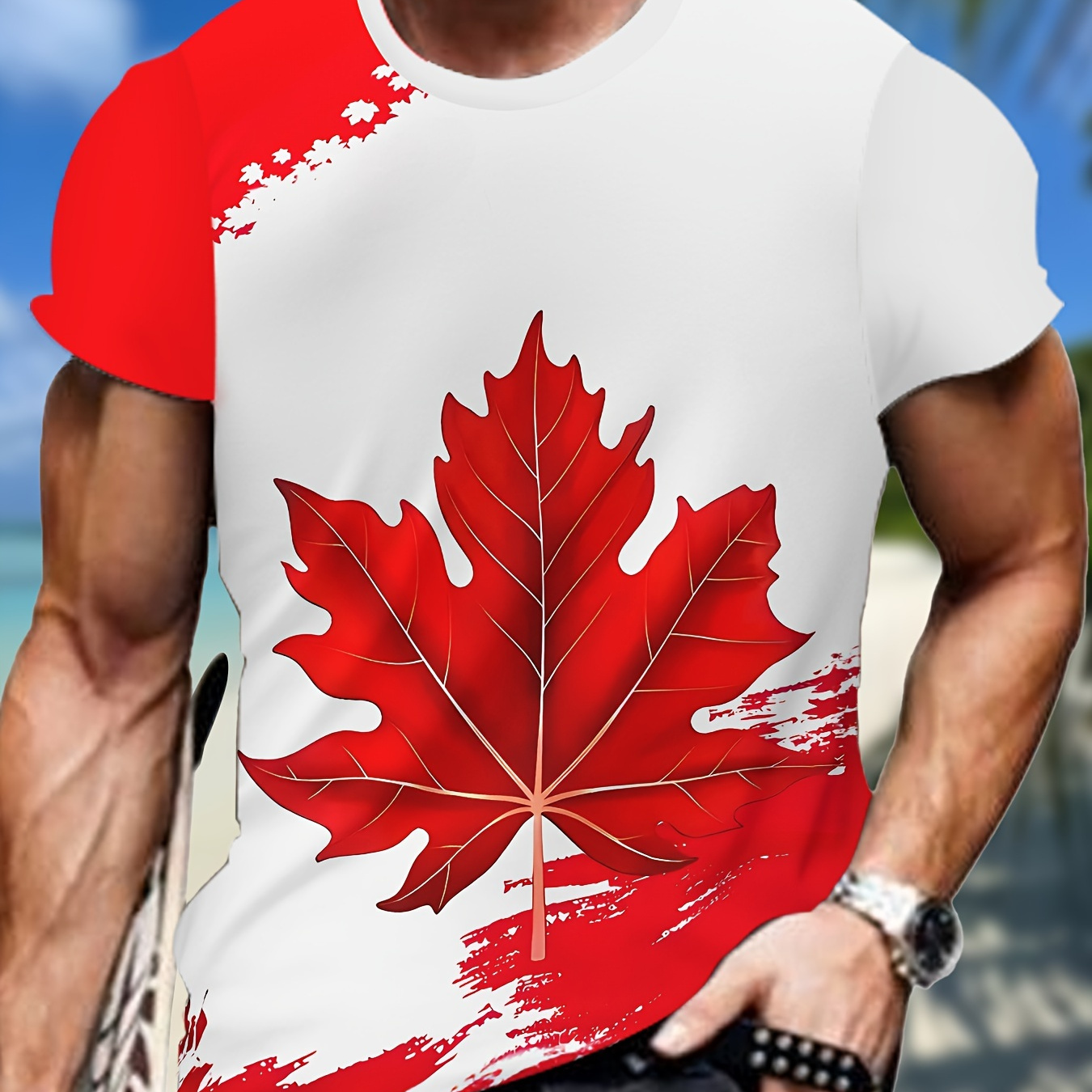 

Men's Leaf Graphic Print T-shirt, Active Short Sleeve Crew Neck Tee, Men's Clothing For Summer Outdoor