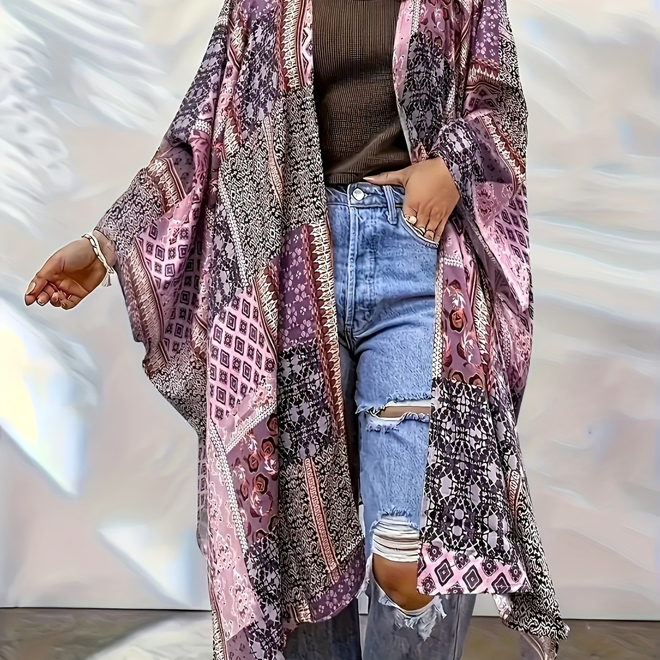 

Plus Size All Over Print Open Front Kimono, Casual Cover Up Kimono For Spring & Summer, Women's Plus Size Clothing