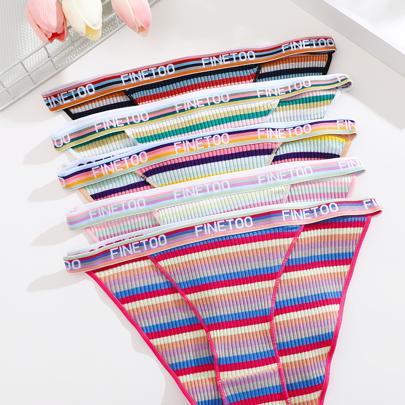 Letter Tape Ribbed Briefs Comfy Breathable Rainbow Striped - Temu