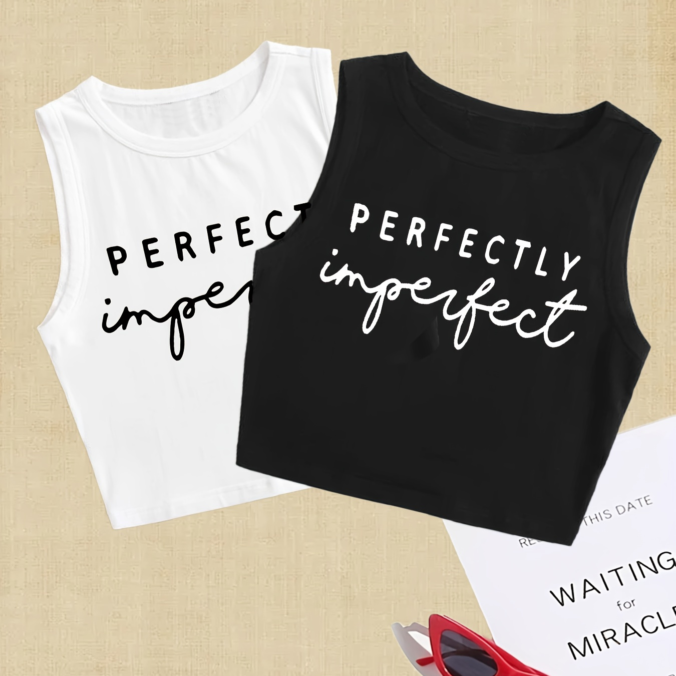 

Women's Casual Letter Print Tank Top Set - Sleeveless, Crew Neck, Polyester , Machine Washable - , Short Vest, Two-piece Set