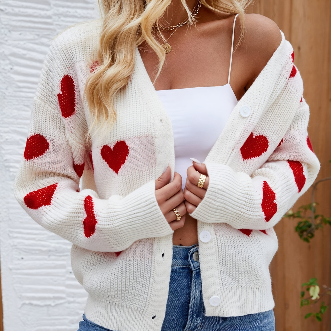 

Bouton Cardigan Imprimé Coeur Devant, Cardigan Tricoté Polyvalent à Manches Longues et Épaules Tombantes Pour Et , Vêtements Pour Femmes