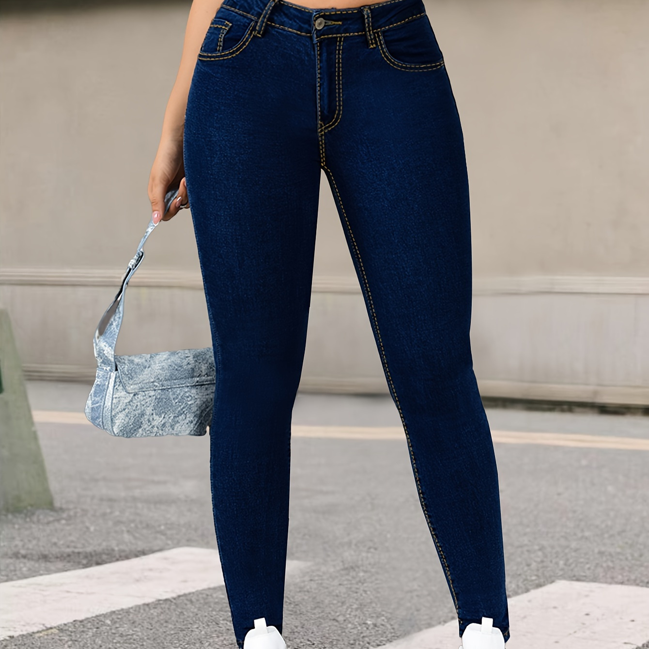 

High-waisted Skinny Jeans For Women, Stretchy Slim-fit Denim Pants, Deep Blue, Street Style Fashion, Versatile Casual Bottoms