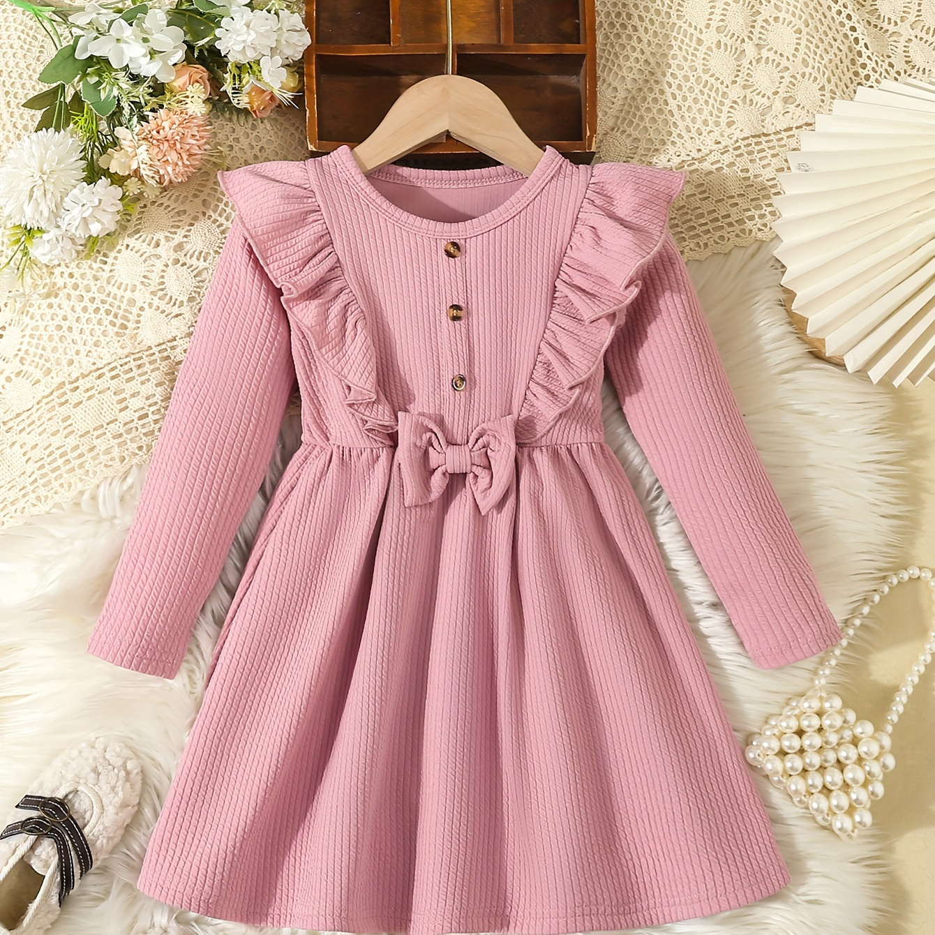 

Sweet Lettuce Trim Solid Long-sleeve Dress For Girls, Spring & Fall Stylish Casual Dresses, Party, As Gift