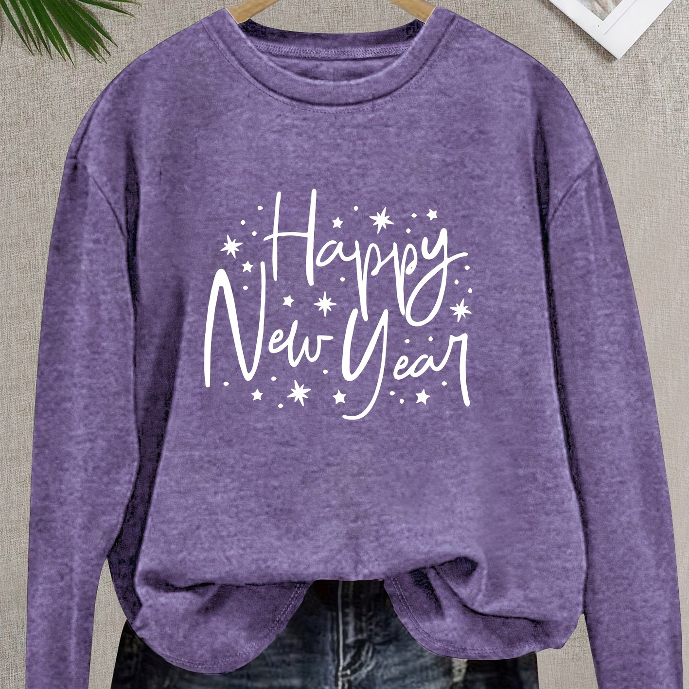 

Vintage Style Sweatshirt For Women - Happy New Year Star Alphabet Print, Round Neck, Long Sleeve, Knit Fabric, Spring/summer/