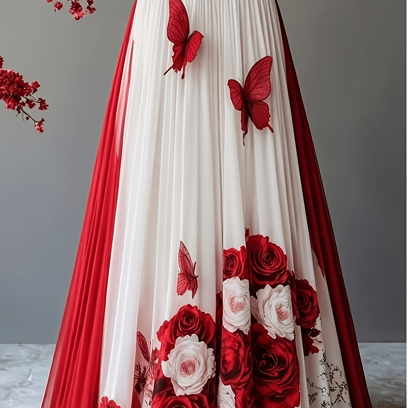 Red & White Rose Butterfly Pleated Maxi Skirt
