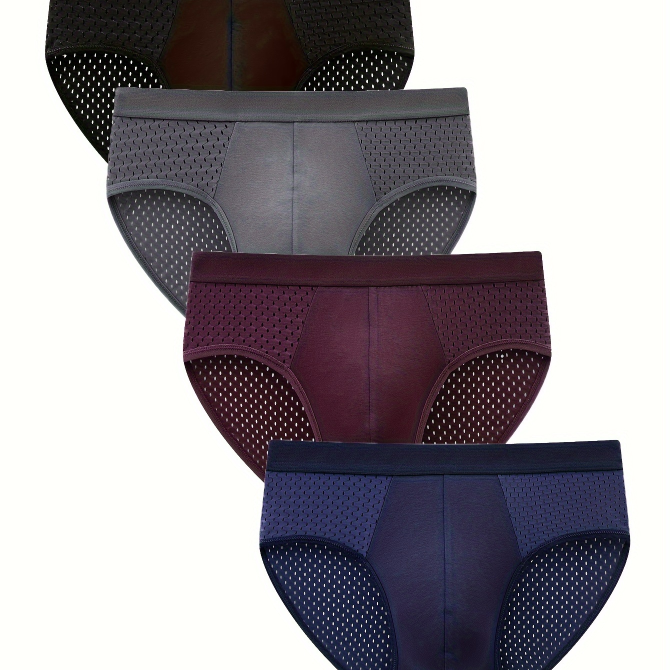 

4 Pcs Men's Classic Solid Color Mesh Triangle Briefs, Comfy & Antibacterial Underwear Set