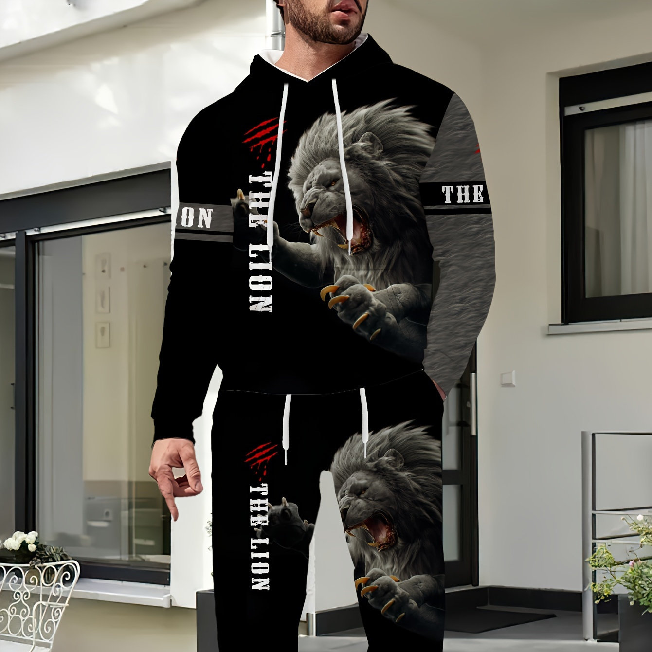 

Fluffy Lion Print Men's Suit Sweatshirt And Pants Long Sleeve Casual 2pcs Sports Suit Polyester