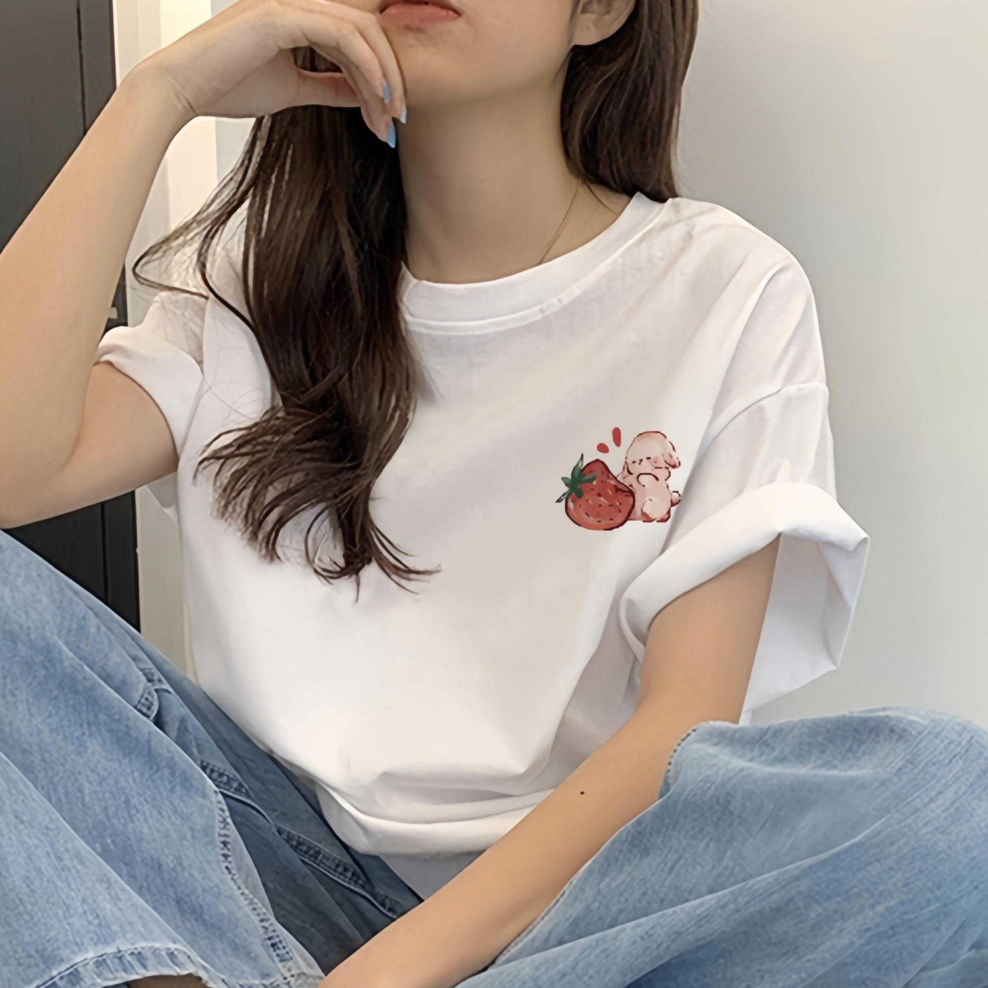 

Strawberry Print Crew Neck T-shirt, Casual Short Sleeve Top For Spring & Summer, Women's Clothing