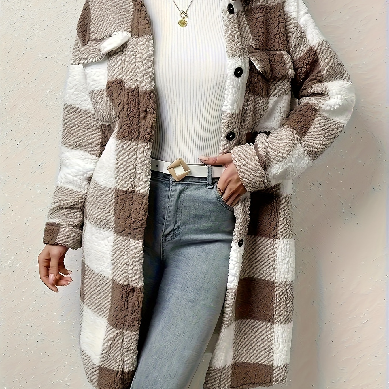 

Gingham Button Front Teddy Coat, Casual Thermal Long Sleeve Mid-length Coat For Fall & Winter, Women's Clothing