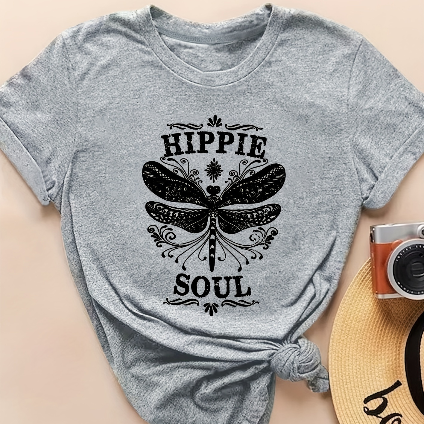 

Women's Short Sleeve T-shirt With 'hippie Soul' Dragonfly Print, Vintage Style Round Neck Top For Spring/summer