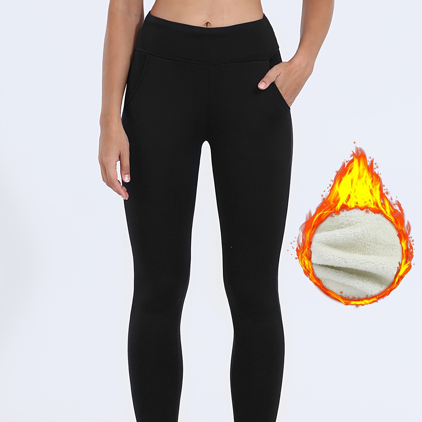 

High Waist Fleece Sports Fitness Yoga Pants, Solid Color High Stretch Workout Fleece Warm Leggings, Women's Activewear