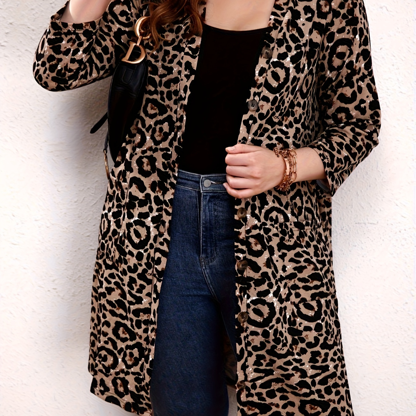 Plus Size Casual Coat, Women's Plus Leopard Print Long Sleeve V Neck Slight Stretch Botton Up Cardigan