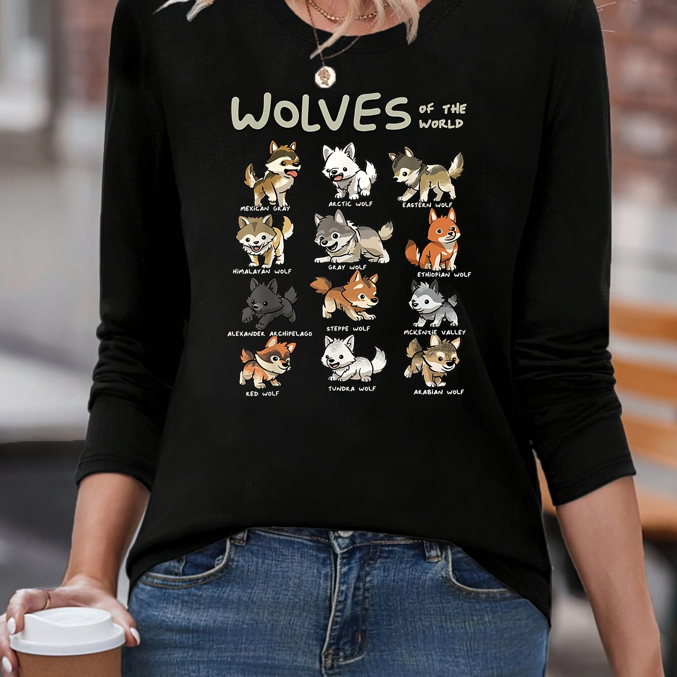 

Wolf Love Print Long Sleeve T-shirt - Casual Crew Neck Top For Women, Soft Cotton , Machine Washable - Spring & Fall