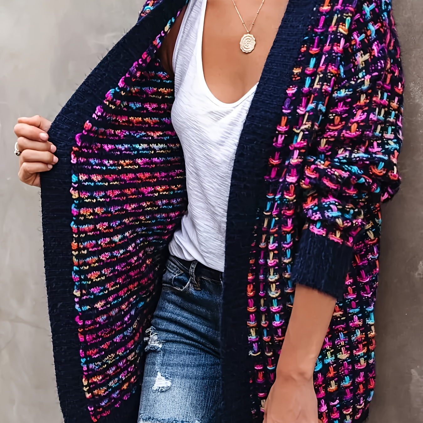 

Plus Size Multi Color Open Front Cardigan, Casual Trim Long Sleeve Loose Knit Cardigan, Women's Plus Size Clothing