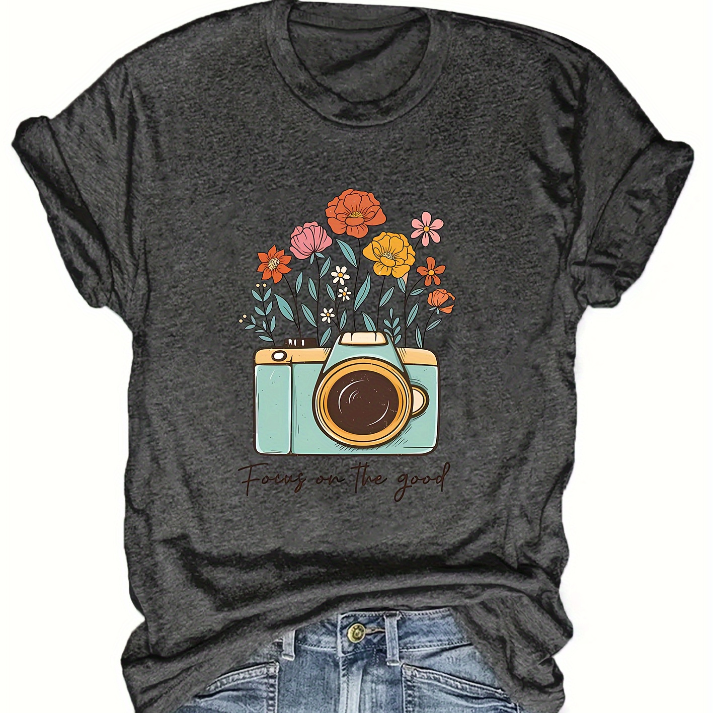 

Women'-inspired Camera & Floral Print T-shirt - Casual Crew Neck, Short Sleeve Top For Spring/summer - Machine Washable