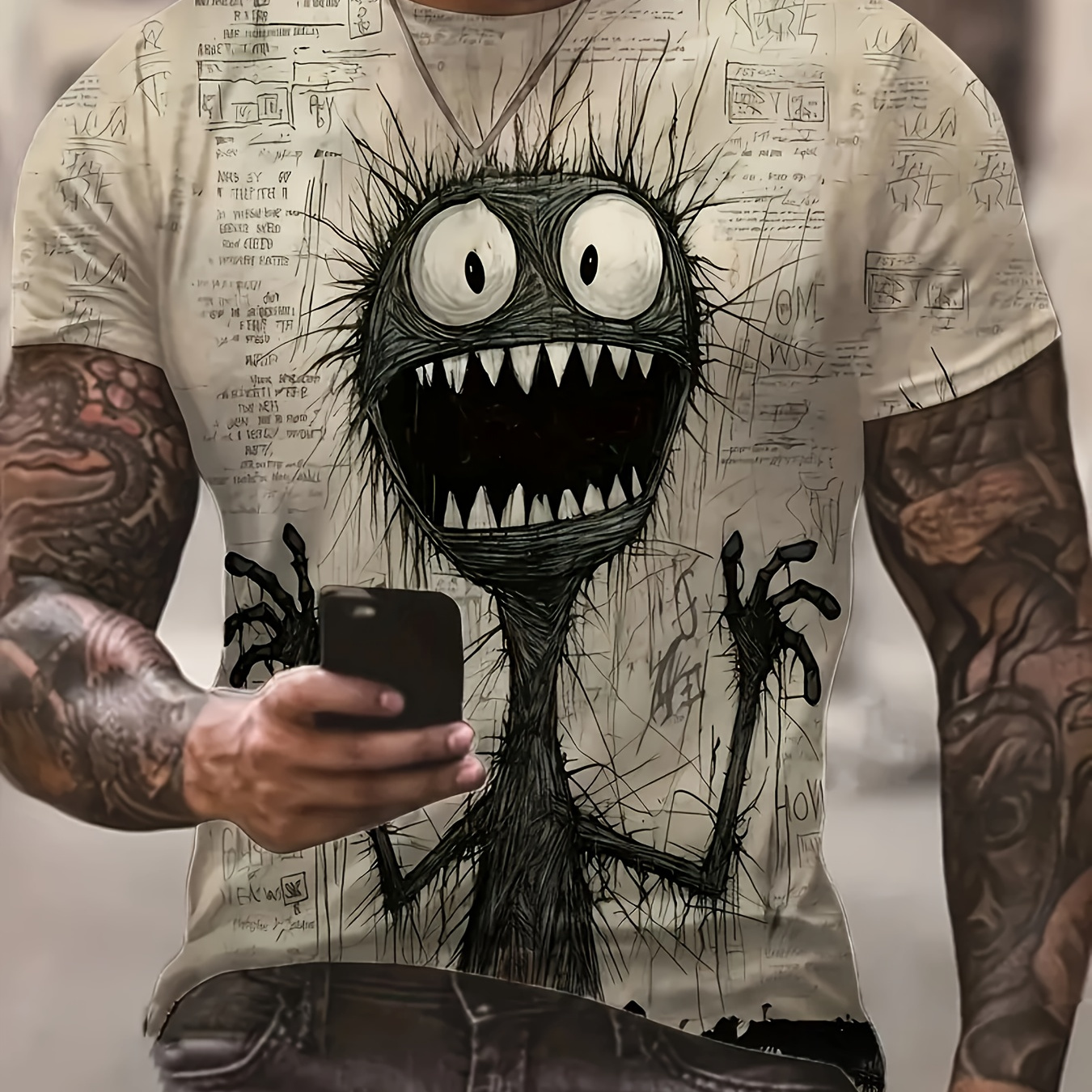 

Men's Monster Graphic Print T-shirt, Casual Short Sleeve Crew Neck Tee, Men's Clothing For Summer Outdoor