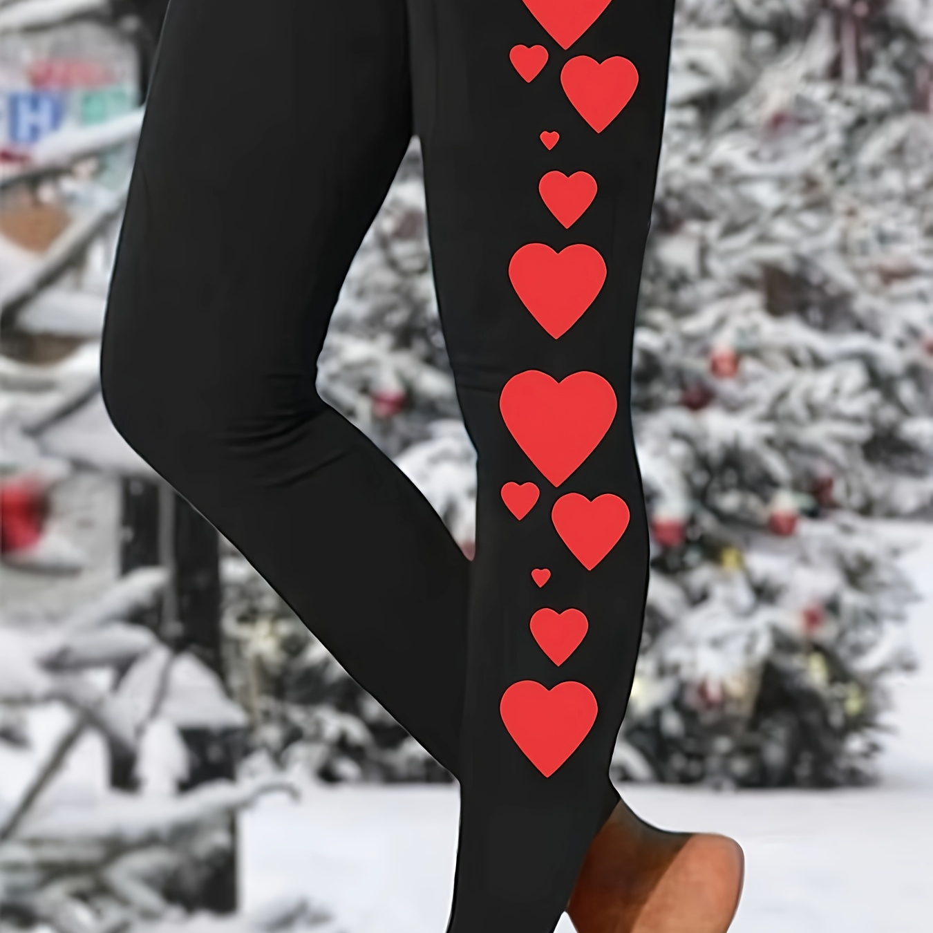 

Heart Print Slim Leggings, Casual Long Length High Waist Leggings, Women's Clothing, Valentine's Day