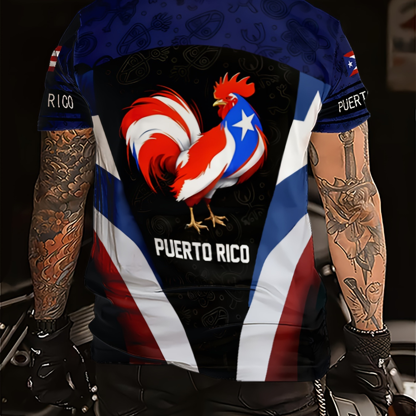 

Men's Patriotic Puerto Rooster T-shirt - Casual Novelty Tee With , 100% Polyester, Round Neck, Machine Washable - Blue With Red, White & Black