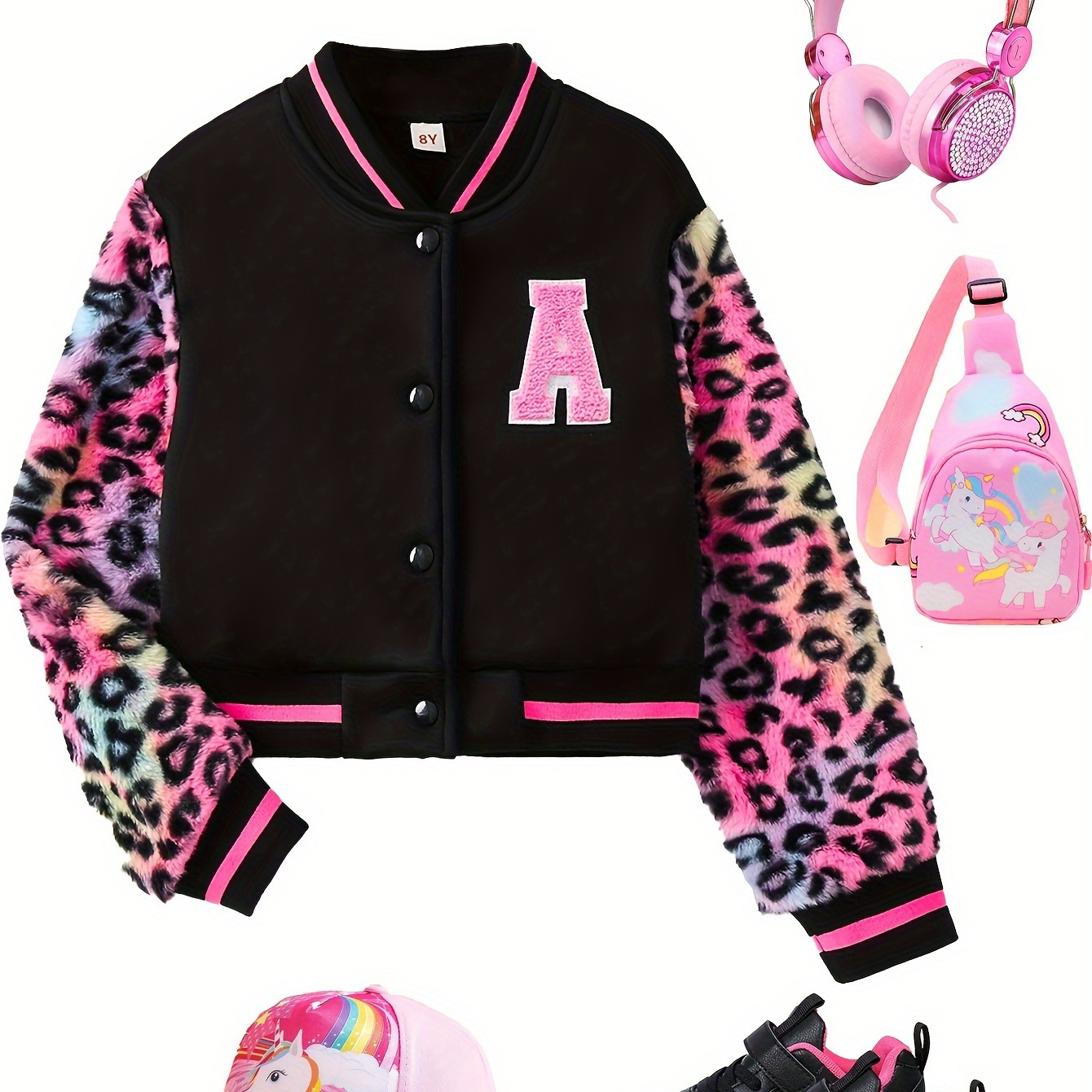 

Girls Leopard Teddy Fleece Stitching Drop Shoulder Baseball Trendy Varsity Jacket For Pre Teen Girls (recommended 1 Size Up)