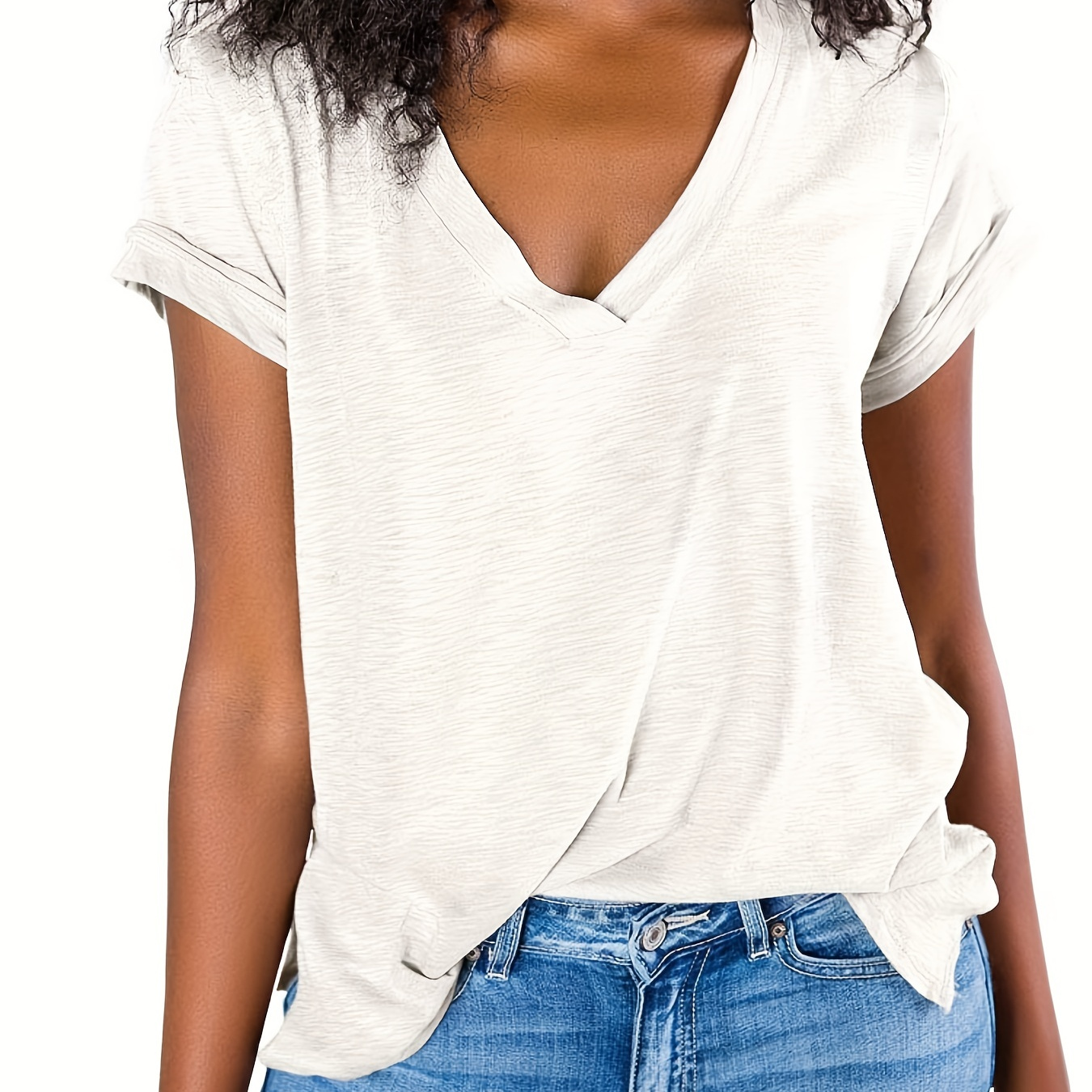 

V Neck Side Slit T-shirt, Casual Loose Short Sleeve Fashion Summer T-shirts Tops, Women's Clothing
