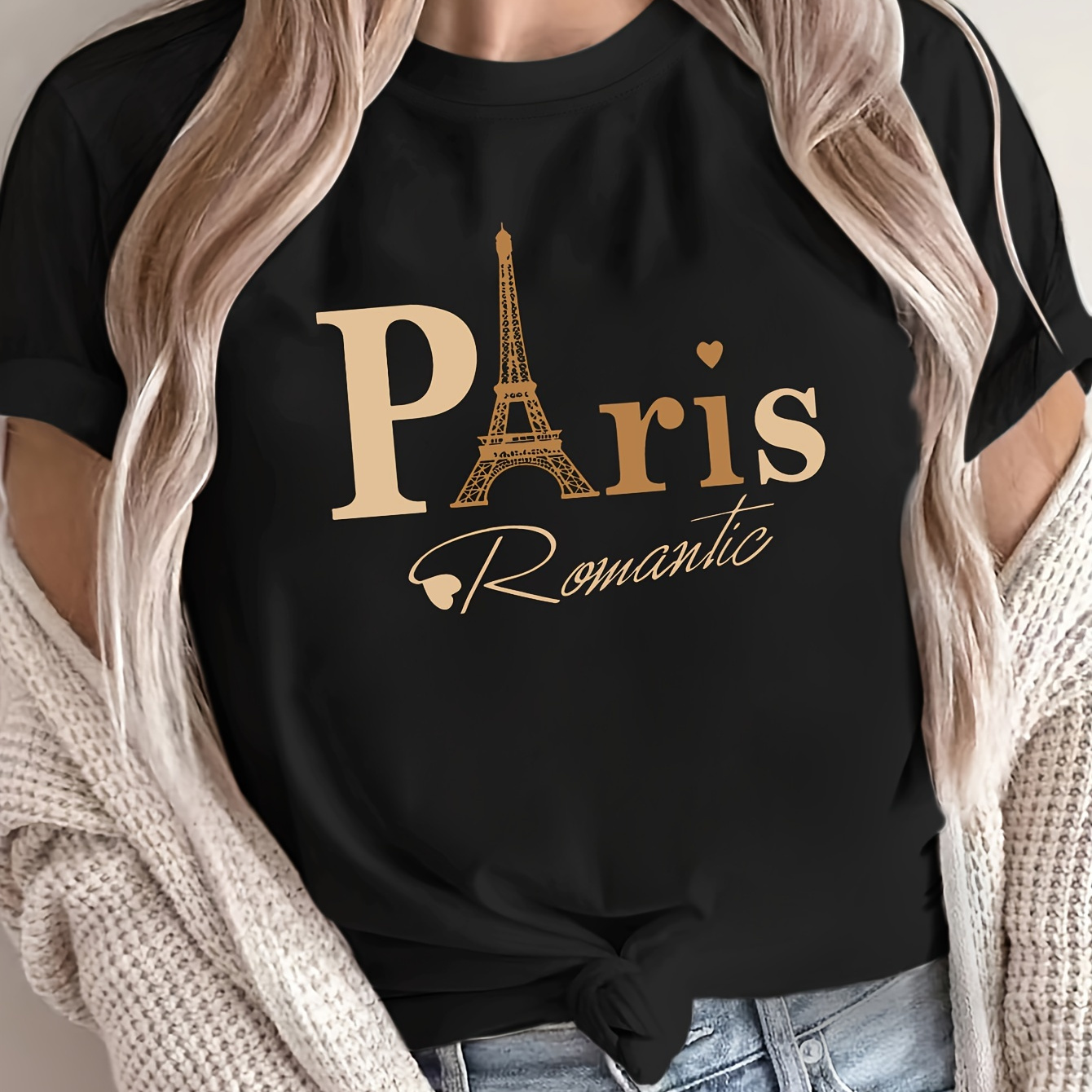 

Plus Size Letter Paris Print T-shirt, Casual Short Sleeve Top For Spring & Summer, Women's Plus Size Clothing