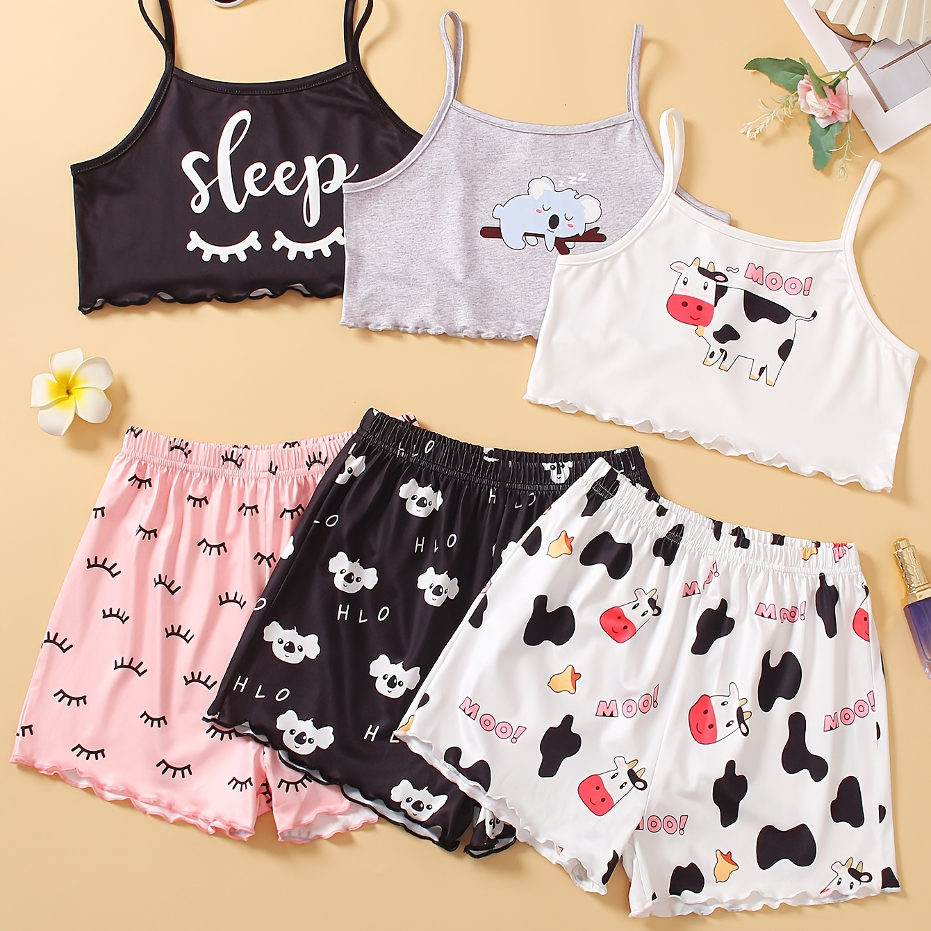 

6 Pcs Girls Random Printed Thin Strap Camisole & Edges Shorts Pajama Set, Comfy& Skin-friendly Princess Pj Set, As Daily Gift