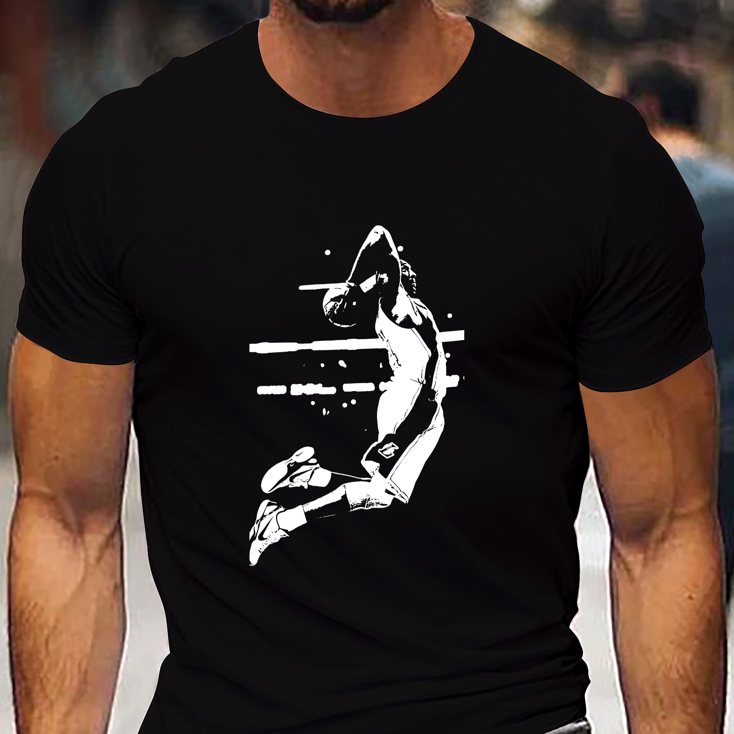 

Basketball Player Print Men's Short Sleeve T-shirts, Comfy Casual Elastic Crew Neck Tops For Men's Outdoor Activities