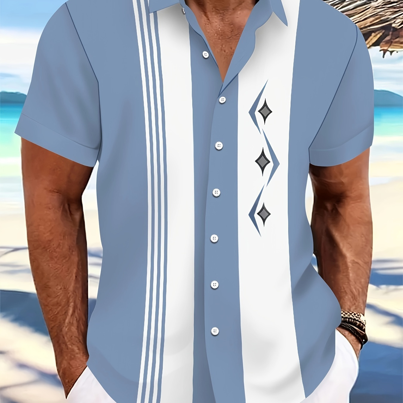 

Men's Summer Casual Button-down Shirts - Geometric & Palm Tree Patterns, Polyester & Spandex Blend, Non-stretch, Lapel Collar, Short Sleeve, Woven Fabric, Quick-drying, Heat Transfer Printed