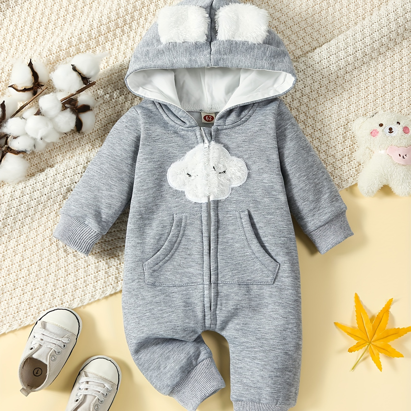 

Enfant En Bas Âge Bébé Garçons Filles Automne Hiver À Manches Longues Nuage Imprimé Combinaison Avec De Jolies Oreilles, Manches Longues Thermique Body