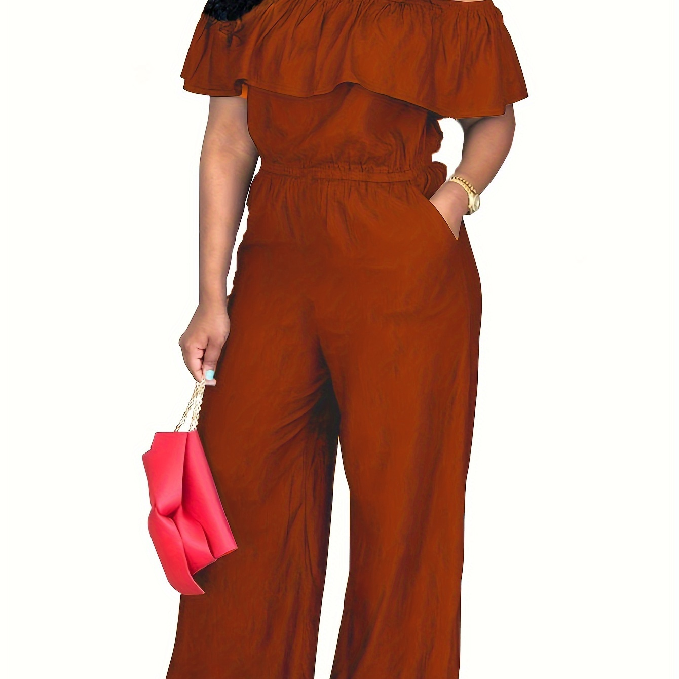 

Plus Size Off Shoulder Jumpsuit, Vacation Style Foldover Wide Leg Jumpsuit For Spring & Summer, Women's Plus Size Clothing