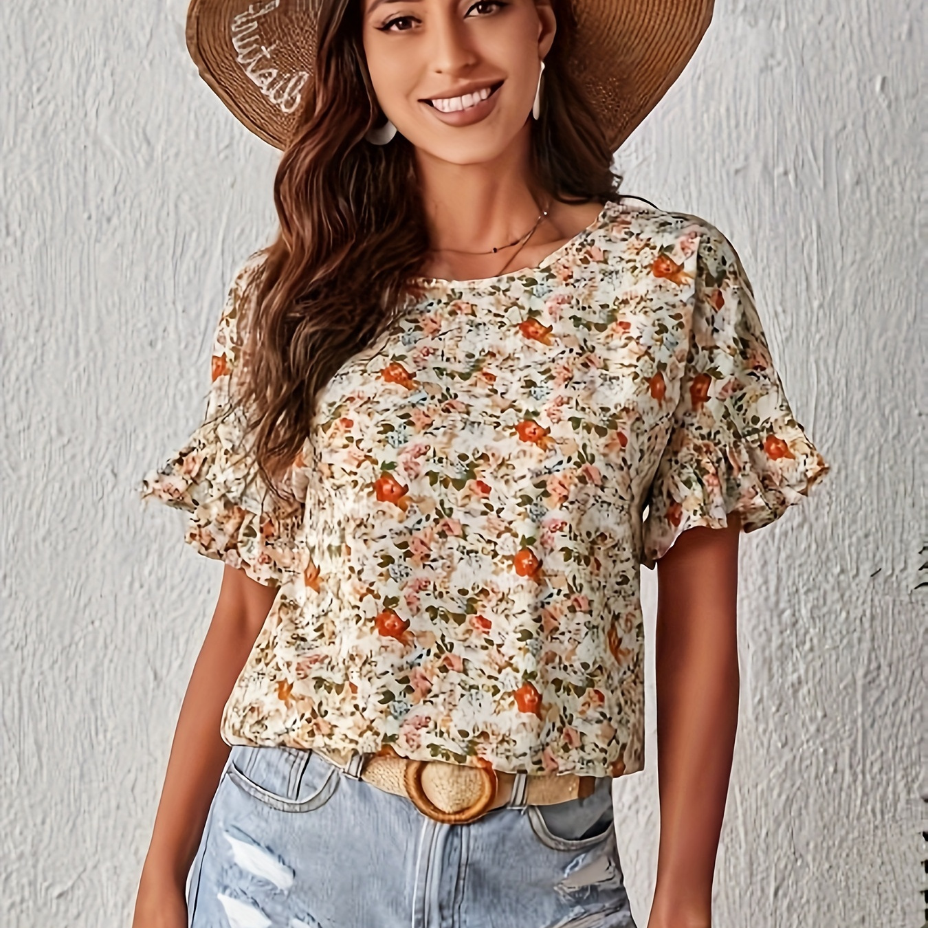 

Floral Print Crew Neck Blouse, Casual Ruffle Trim Short Sleeve Blouse For Spring & Summer, Women's Clothing