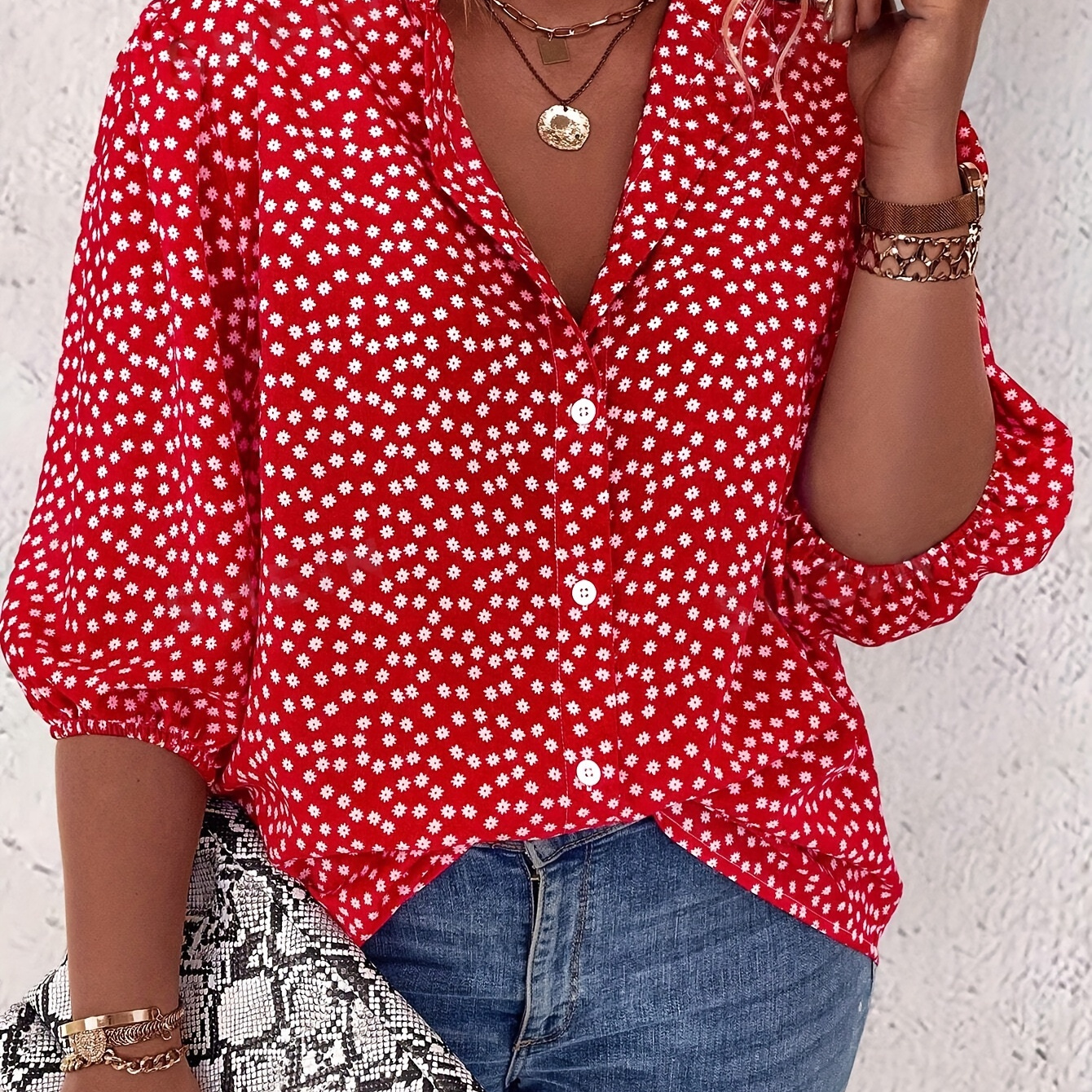 

Plus Size Floral Print Blouse, Casual Lantern Sleeve Buttons Blouse For Summer, Women's Plus Size clothing