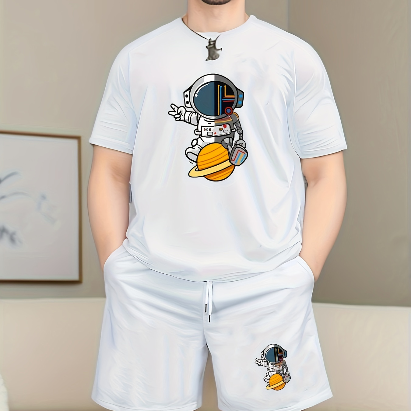 

2pcs Men's Pajama And Lounge Set, Astronaut Casual Print Summer T-shirt And Shorts Sleepwear Set