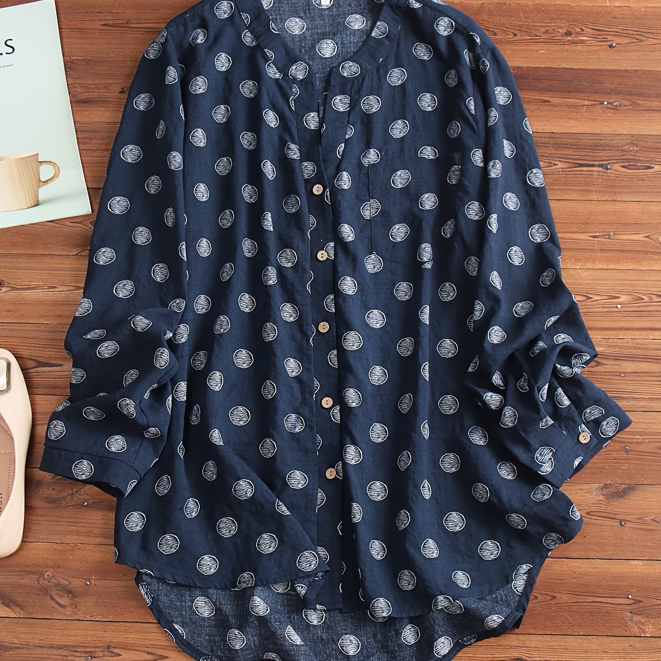 

Casual Loose-fit Long Sleeve Cotton Blouse With Random Print, V-neck, Machine Washable