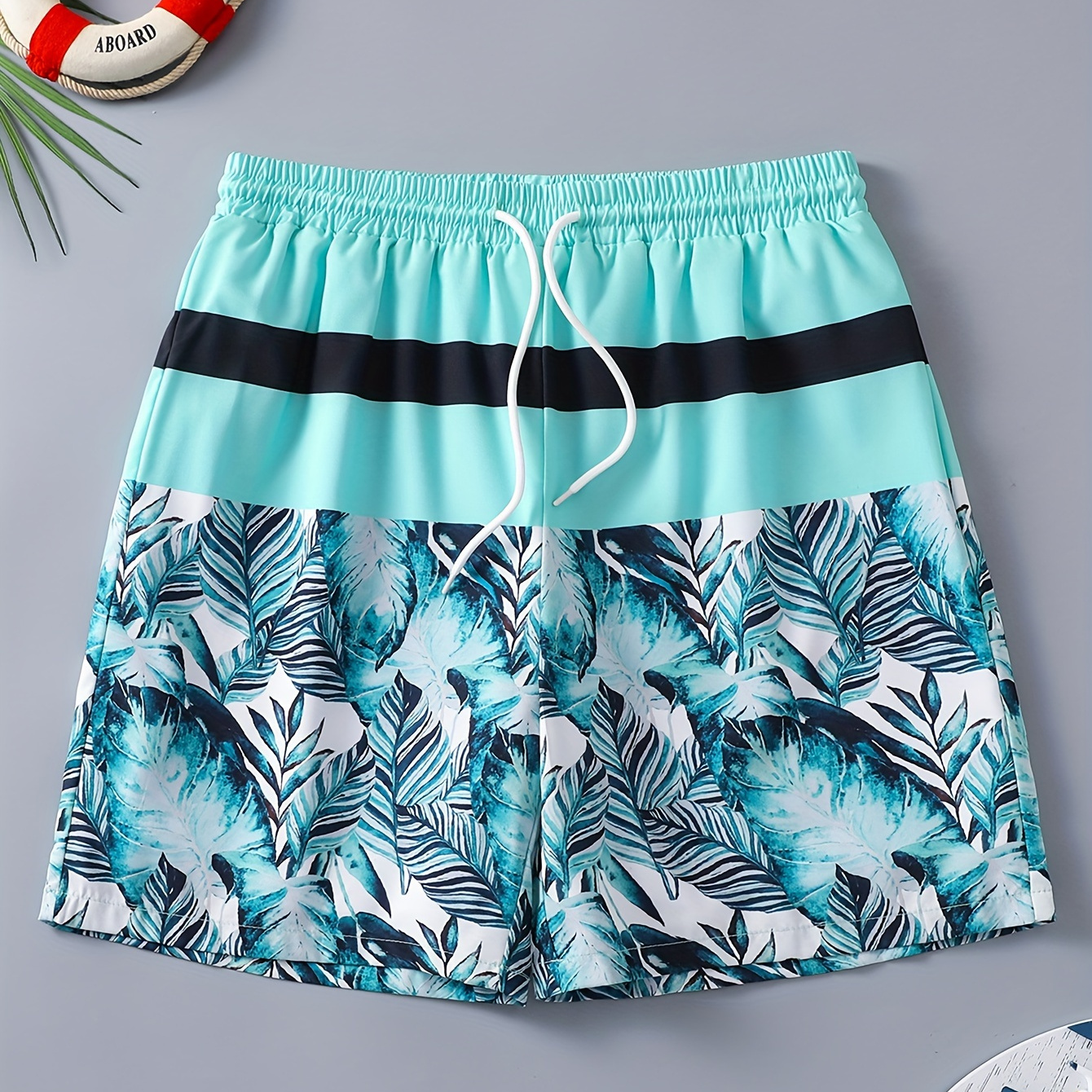 

Tropical Leaves Pattern Stitching Quick Dry Swim Trunks For Boys, Elastic Waist Beach Shorts, Boys Swimwear For Summer Vacation