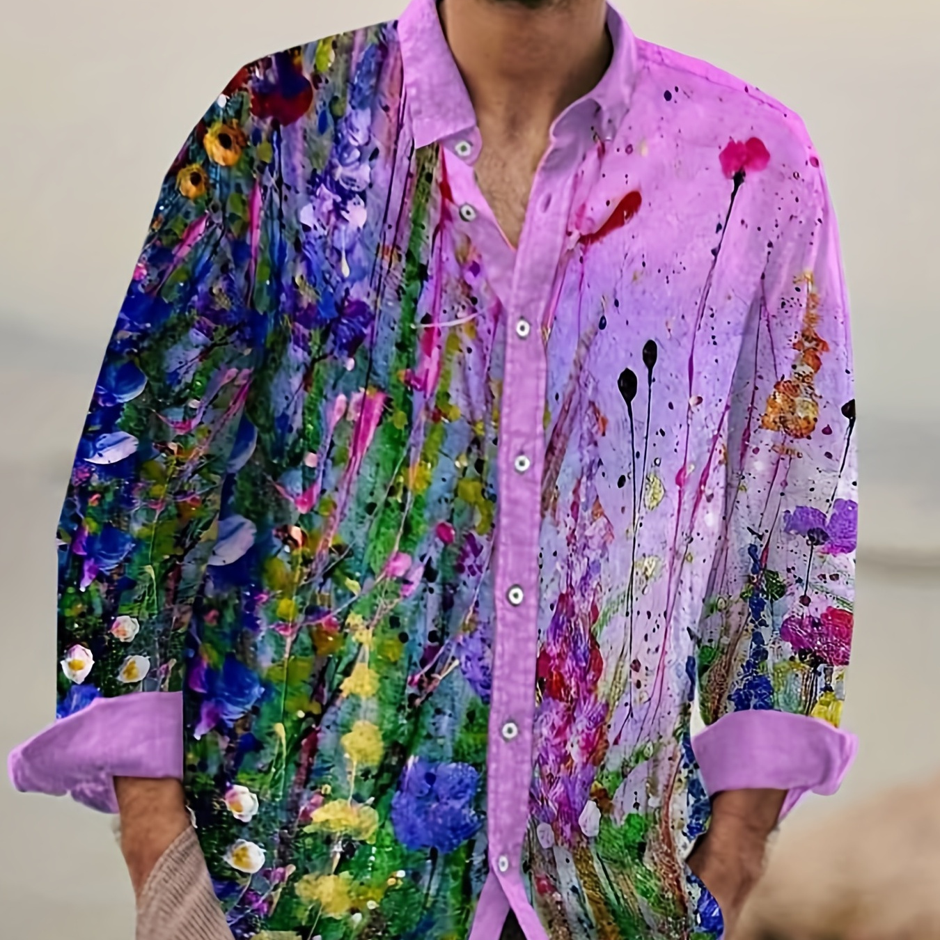 

Art Style Splash Print Men's Casual Button Up Long Sleeve Shirt, Men's Clothes For Spring Autumn, Tops For Men