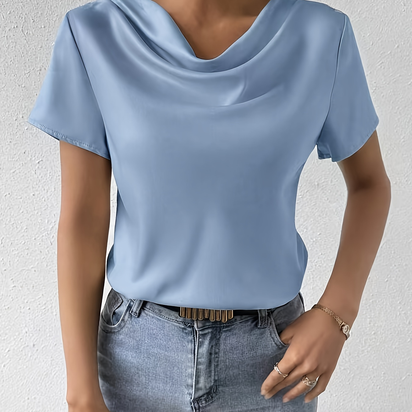 

Cowl Neck Solid Color Blouse, Elegant Short Sleeve Blouse For Spring & Summer, Women's Clothing