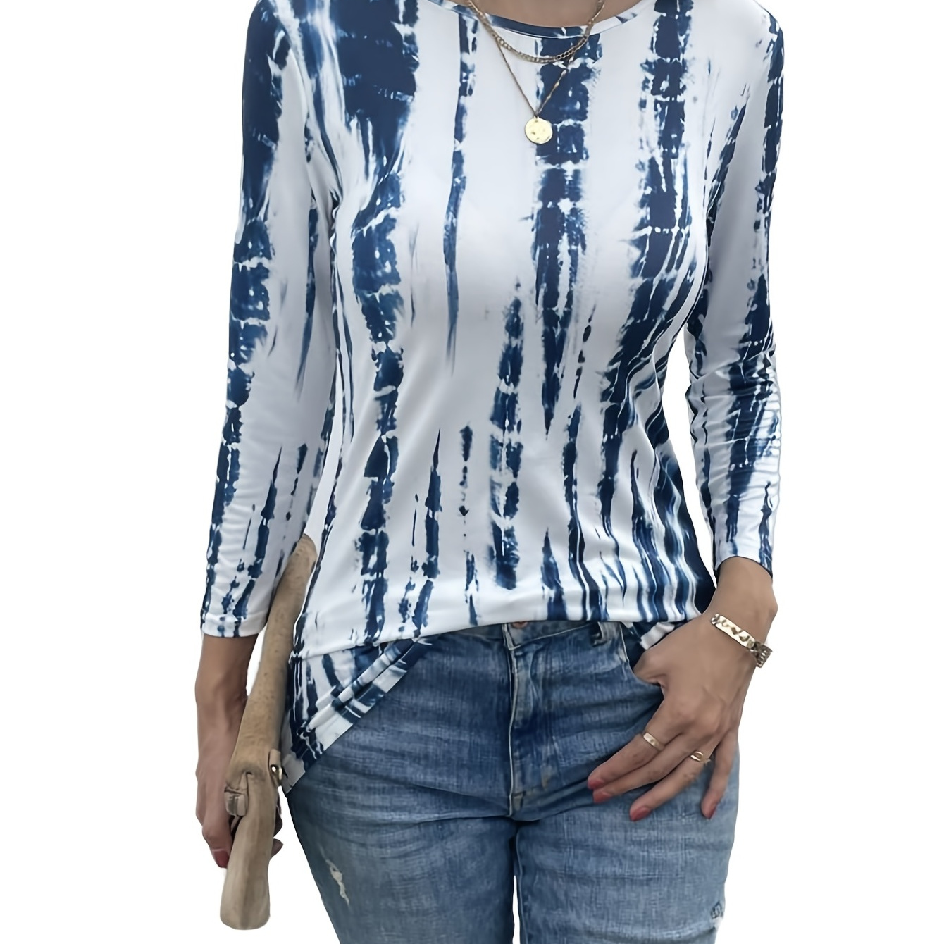 

Tie Dye Tunic Top, Casual 3/4 Sleeve Crew Neck Top For Spring & Summer, Women's Clothing