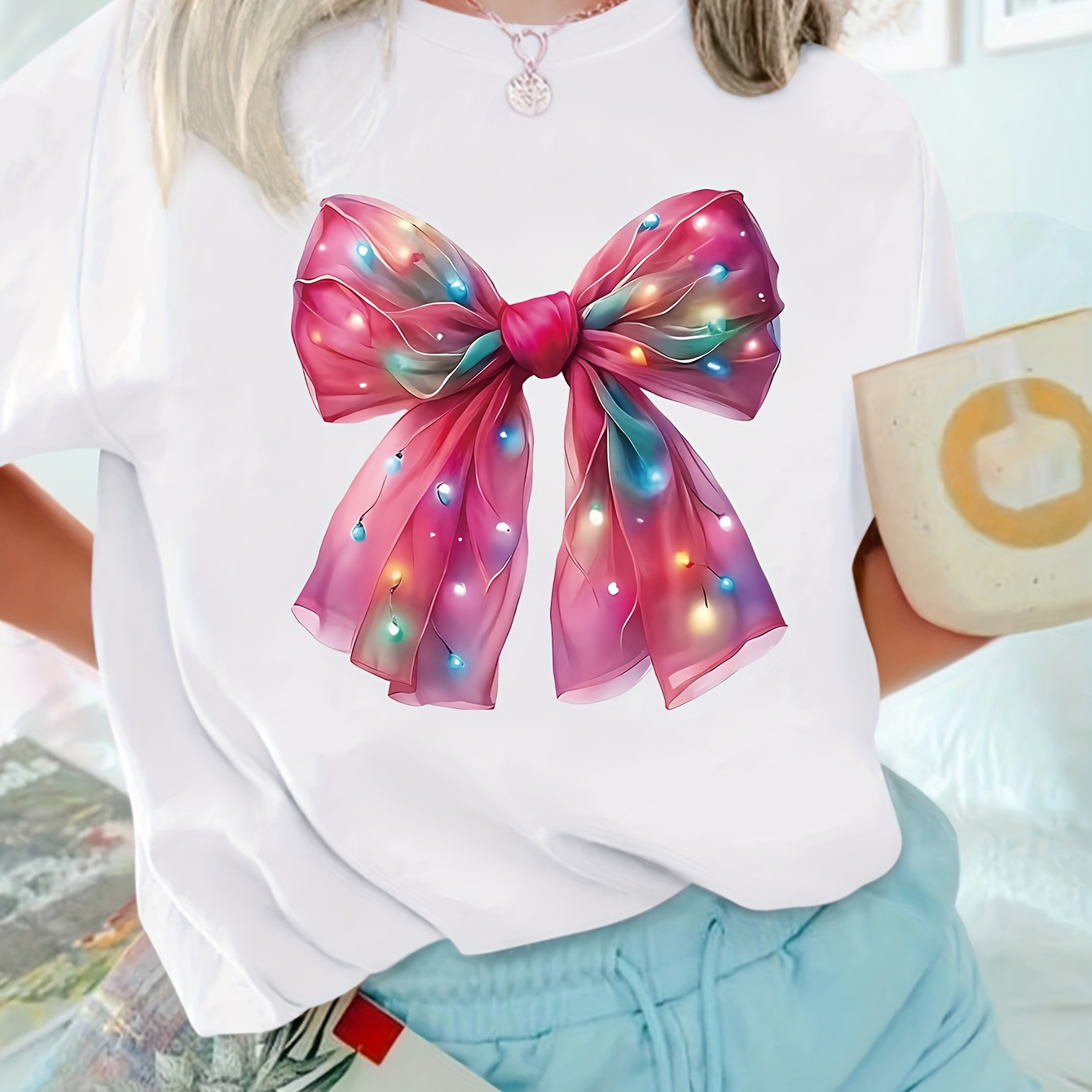 

Plus Size Bow Print T-shirt, Casual Short Sleeve Crew Neck Top For Summer & Spring, Women's Plus Size Clothing