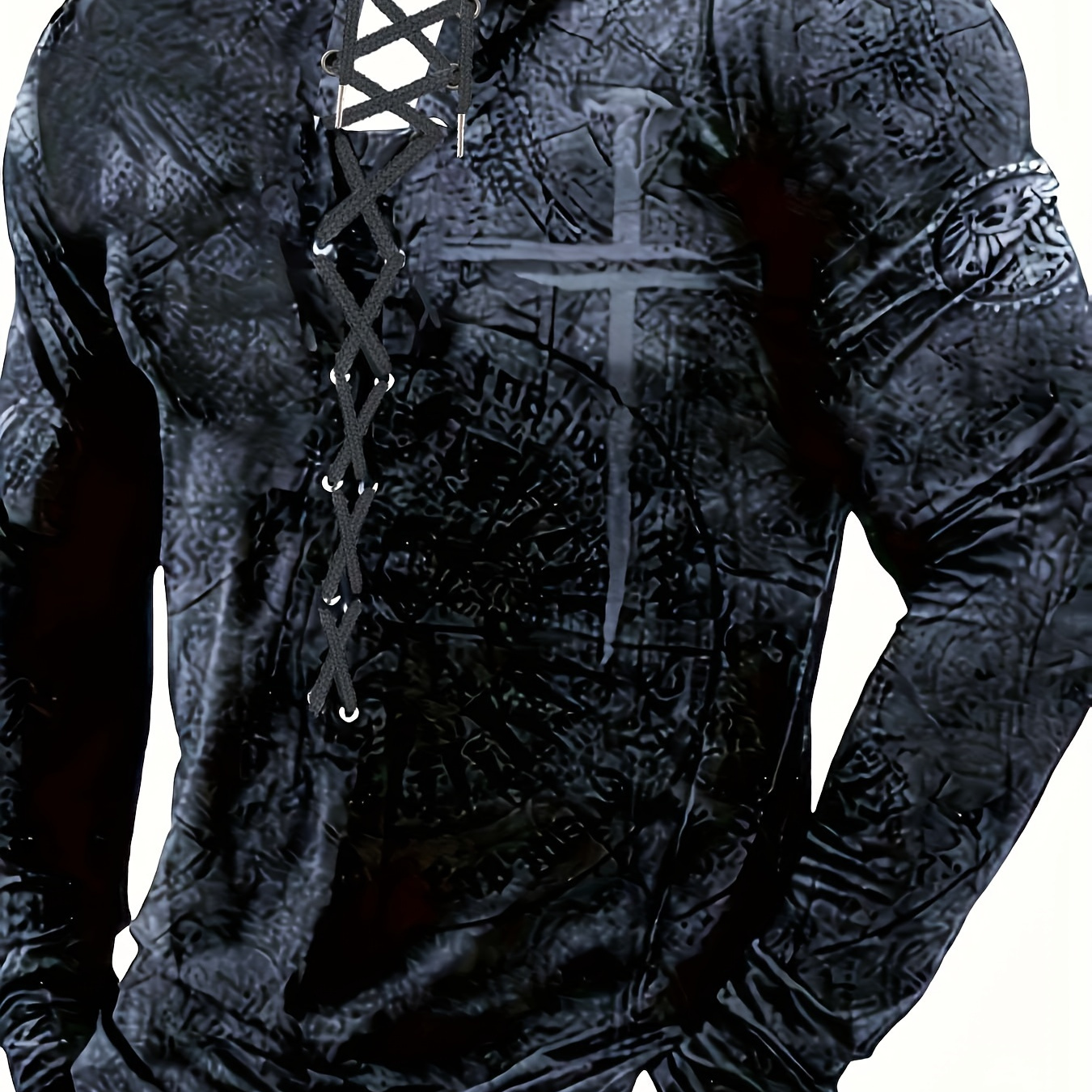 

Men' Casual Long Sleeve Henley Shirt - Black With Geometric Pattern, Lace-up Detail, Polyester, Machine Washable For Fall/winter, Stylish Layering Piece|laceup Front Detail|decorative Buttons