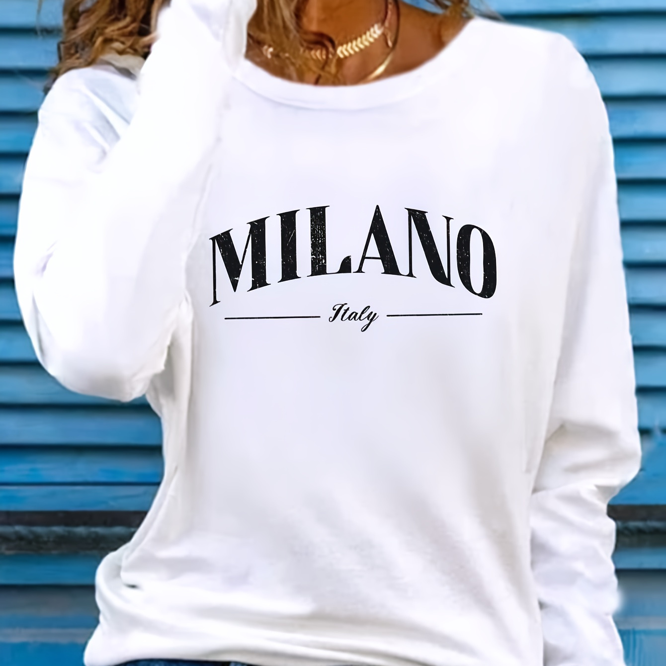 

T-shirt décontracté à manches longues et col rond pour femmes, avec de lettres « ITALY », en polyester tricoté à 100%, moyenne extensibilité, coupe régulière pour et l'hiver - Blanc//Bourguignon