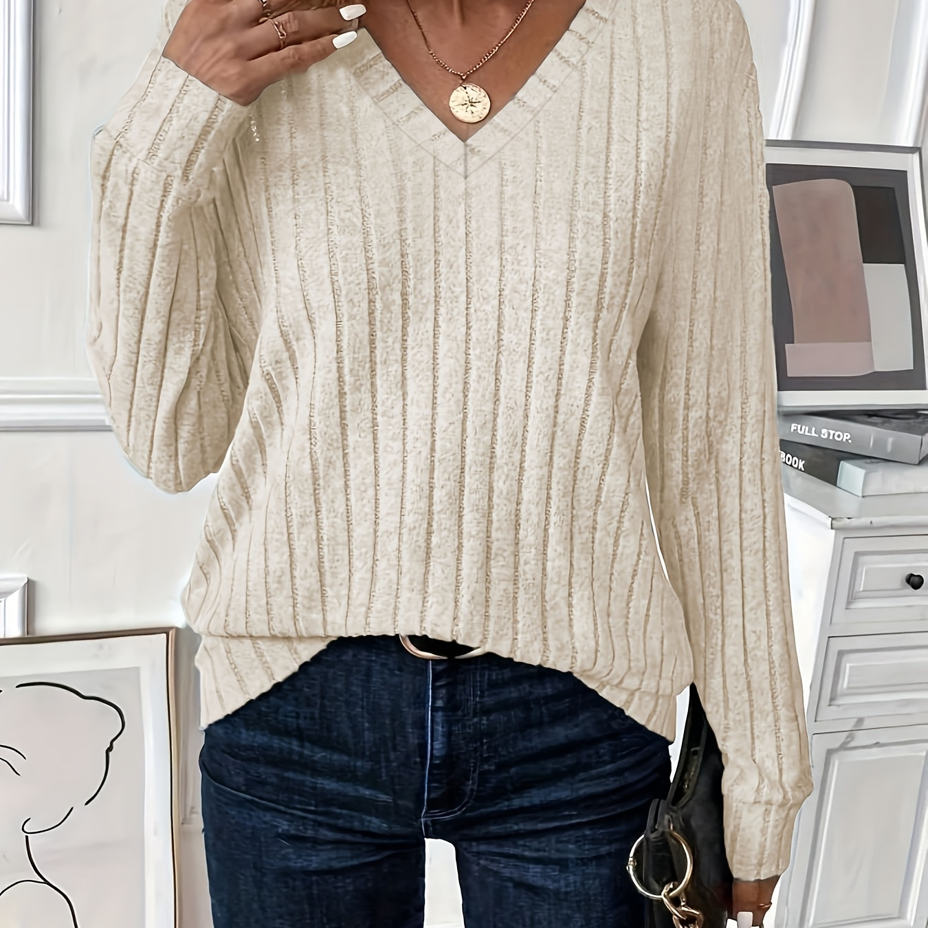 

Elegant Polyester Knit Sweater For Women - Solid Color V-neck Long Sleeve Pullover With Ribbed Detail, All Season